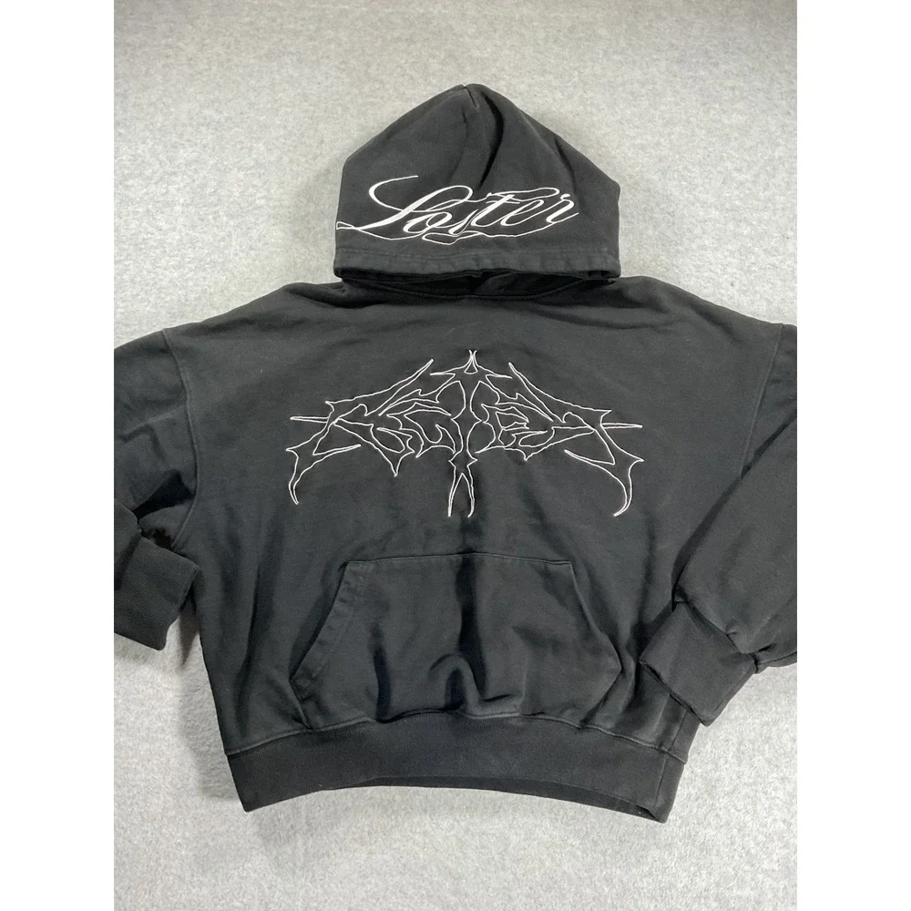 Loiter Opaque Hoodie Medium Black Cyber Y2K Graphic Embroidered Cropped 2245
